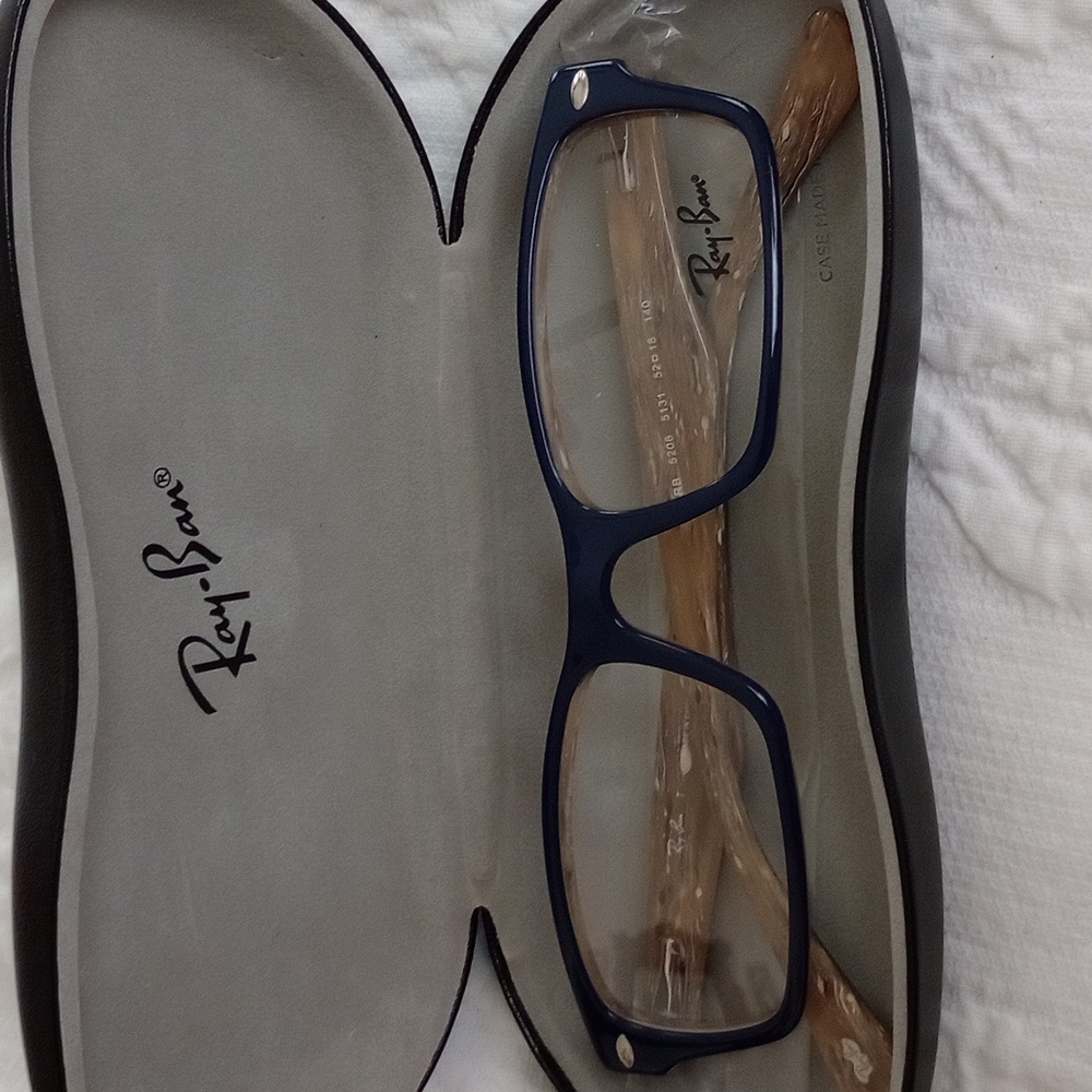 NWT IN CASE RAY-BAN RB5206 Square Eyeglasses. Blue On Tan. Authentic